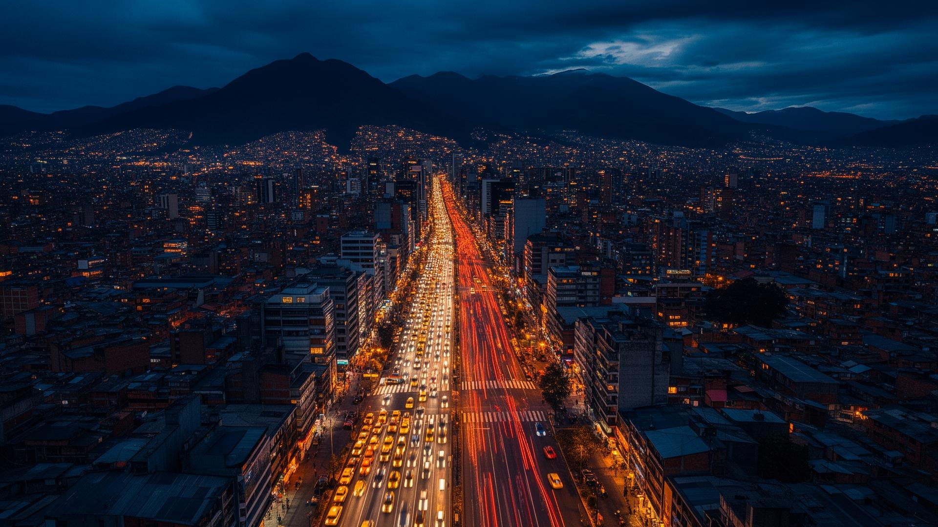 Vista aérea de Bogotá al anochecer con estelas de luz del tráfico